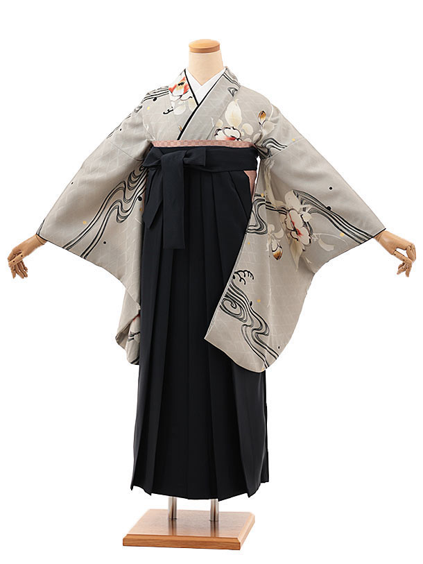 卒業式 袴 レンタル 女 女性 レンタル 卒業袴レンタル V389　グレー流水椿×紺 着物 レンタル 二尺袖 着物 袴 フルセット 女性 大人 大学生 専門学生 卒業式 謝恩会 新品足袋プレゼント 往復送料無料【レンタル】