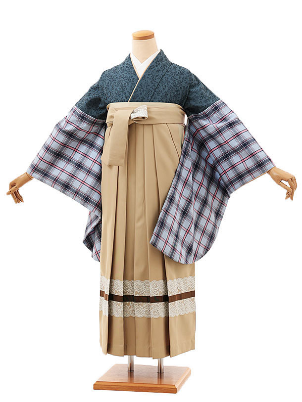 卒業式 袴 レンタル 女 女性 レンタル 卒業袴レンタル V432 ラフィネモカ ブルーチェック×ミルクティーブラウン 着物 レンタル 二尺袖 着物 袴 フルセット 女性 大人 大学生 専門学生 卒業式 謝恩会 新品足袋プレゼント 往復送料無料【レンタル】