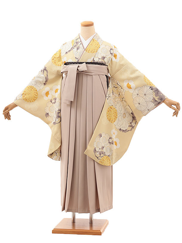 卒業式 袴 レンタル 女 女性 レンタル 卒業袴レンタル V487 イエロー古典花×ベージュ 着物 レンタル 二尺袖 着物 袴 フルセット 女性 大人 大学生 専門学生 卒業式 謝恩会 新品足袋プレゼント 往復送料無料【レンタル】