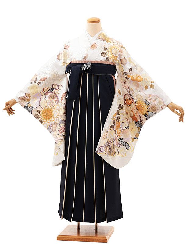 卒業式 袴 レンタル 女 女性 レンタル 卒業袴レンタル V508　白地雲取り花づくし×紺アイボリー 着物 レンタル 二尺袖 着物 袴 フルセット 女性 大人 大学生 専門学生 卒業式 謝恩会 新品足袋プレゼント 往復送料無料【レンタル】