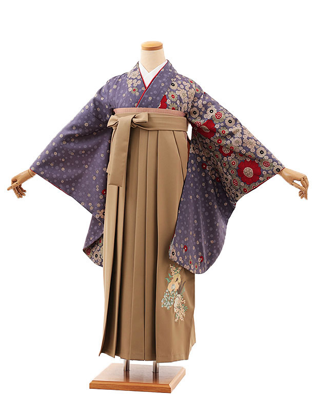 卒業式 袴 レンタル 女 女性 レンタル 卒業袴レンタル V537　パープル小花×モカベージュ 着物 レンタル 二尺袖 着物 袴 フルセット 女性 大人 大学生 専門学生 卒業式 謝恩会 新品足袋プレゼント 往復送料無料【レンタル】