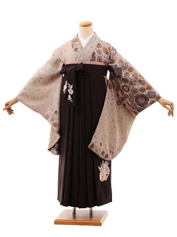 卒業式 袴 レンタル 女 女性 レンタル 卒業袴レンタル V542　ベージュ小花×こげ茶 着物 レンタル 二尺袖 着物 袴 フルセット 女性 大人 大学生 専門学生 卒業式 謝恩会 新品足袋プレゼント 往復送料無料【レンタル】