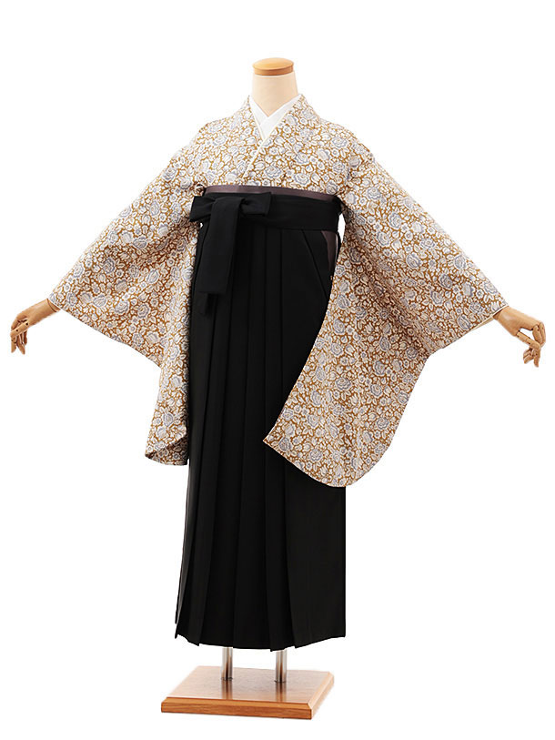卒業式 袴 レンタル 女 女性 レンタル 卒業袴レンタル V572　からし色小花×黒 着物 レンタル 二尺袖 着物 袴 フルセット 女性 大人 大学生 専門学生 卒業式 謝恩会 新品足袋プレゼント 往復送料無料【レンタル】 7,350円