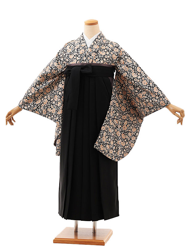 卒業式 袴 レンタル 女 女性 レンタル 卒業袴レンタル V576　黒地小花×黒 着物 レンタル 二尺袖 着物 袴 フルセット 女性 大人 大学生 専門学生 卒業式 謝恩会 新品足袋プレゼント 往復送料無料【レンタル】