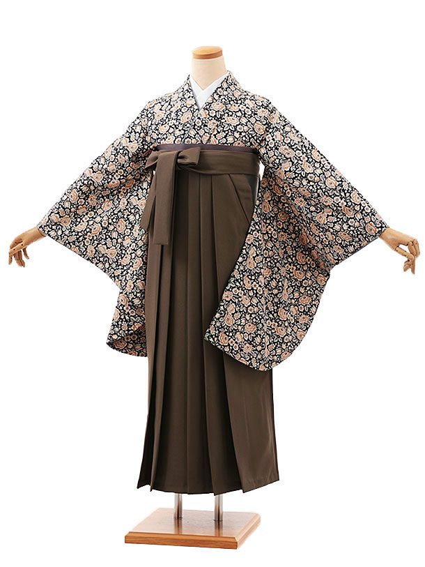 卒業式 袴 レンタル 女 女性 レンタル 卒業袴レンタル V578　黒地小花×ブラウン 着物 レンタル 二尺袖 着物 袴 フルセット 女性 大人 大学生 専門学生 卒業式 謝恩会 新品足袋プレゼント 往復送料無料【レンタル】