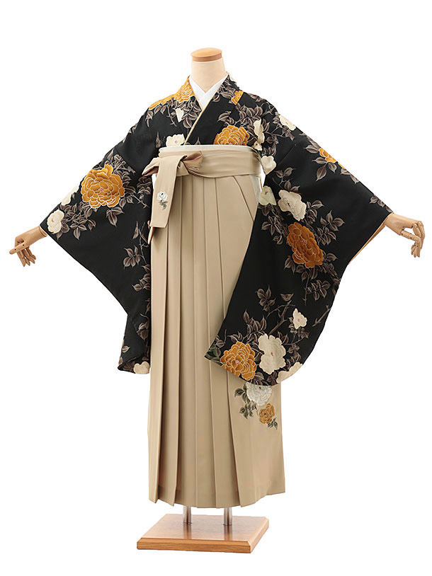 卒業式 袴 レンタル 女 女性 レンタル 卒業袴レンタル V656　そしてゆめ 黒枝花×モカベージュ 着物 レンタル 二尺袖 着物 袴 フルセット 女性 大人 大学生 専門学生 卒業式 謝恩会 新品足袋プレゼント 往復送料無料【レンタル】