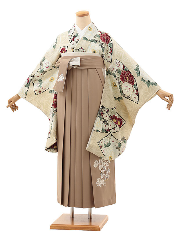卒業式 袴 レンタル 女 女性 レンタル 卒業袴レンタル V665　九重 ベージュ牡丹花扇×モカブラウン 着物 レンタル 二尺袖 着物 袴 フルセット 女性 大人 大学生 専門学生 卒業式 謝恩会 新品足袋プレゼント 往復送料無料【レンタル】 21,456円