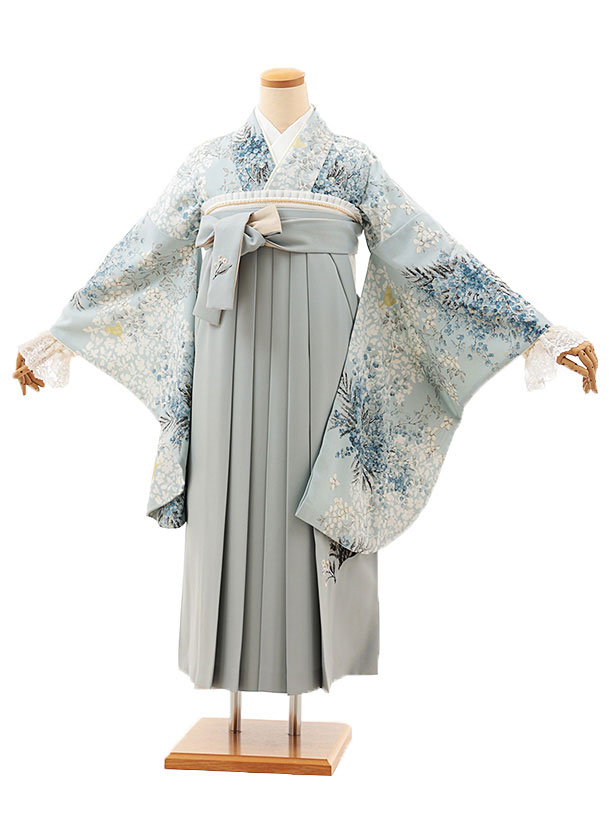 卒業袴レンタル 卒業式袴T006SUGARKEI【レース】パウダーブルーミモザ×スモーキーブルー 卒業式 袴 レンタル 女性 二尺袖 着物 フルセット 大人 大学生 専門学生 謝恩会 新品足袋プレゼント 往復送料無料【レンタル】