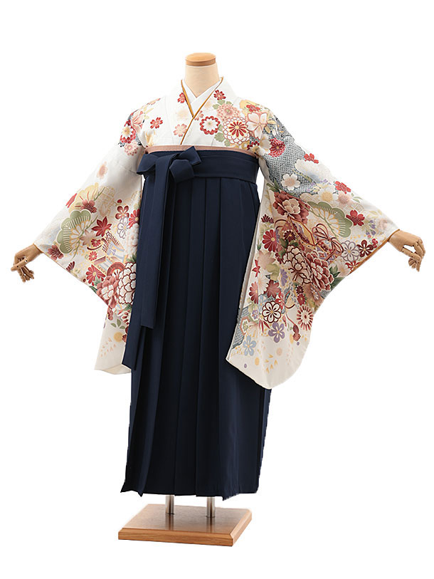 卒業袴レンタル 【ふくよかサイズ】卒業袴 T030 白地 貝桶 花づくし×紺 卒業式 袴 レンタル 女性 二尺袖 着物 フルセット 大人 大学生 専門学生 謝恩会 新品足袋プレゼント 往復送料無料【レンタル】