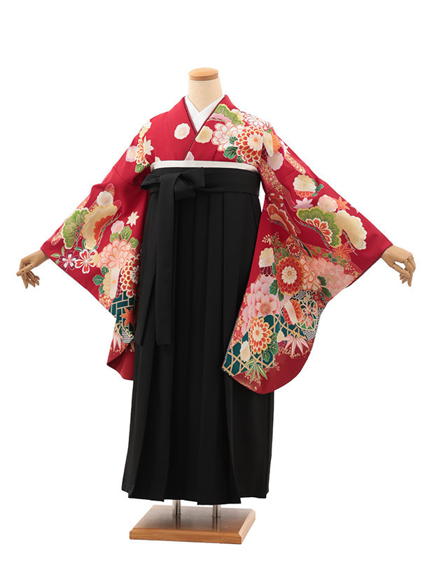 卒業袴レンタル 【ふくよかサイズ】卒業袴 T034 赤地 古典花×黒 卒業式 袴 レンタル 女性 二尺袖 着物 フルセット 大人 大学生 専門学生 謝恩会 新品足袋プレゼント 往復送料無料【レンタル】