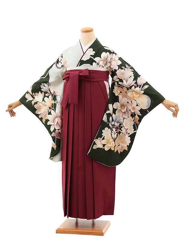 卒業袴レンタル 卒業袴T046　グリーン丸紋花づくし×ボルドー 卒業式 袴 レンタル 女性 二尺袖 着物 フルセット 大人 大学生 専門学生 謝恩会 新品足袋プレゼント 往復送料無料【レンタル】