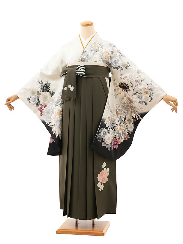 卒業袴レンタル 卒業袴T065　アイボリー裾黒花づくし×カーキ 卒業式 袴 レンタル 女性 二尺袖 着物 フルセット 大人 大学生 専門学生 謝恩会 新品足袋プレゼント 往復送料無料【レンタル】