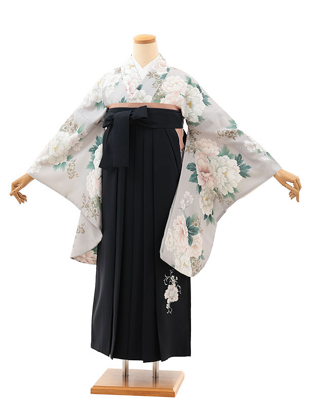 卒業袴レンタル 卒業袴T085　グレー花×紺 卒業式 袴 レンタル 女性 二尺袖 着物 フルセット 大人 大学生 専門学生 謝恩会 新品足袋プレゼント 往復送料無料【レンタル】