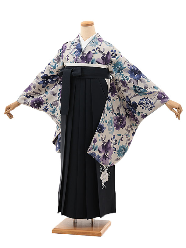 卒業袴レンタル 卒業袴T090 薄グレージュ水彩花×紺 卒業式 袴 レンタル 女性 二尺袖 着物 フルセット 大人 大学生 専門学生 謝恩会 新品足袋プレゼント 往復送料無料【レンタル】
