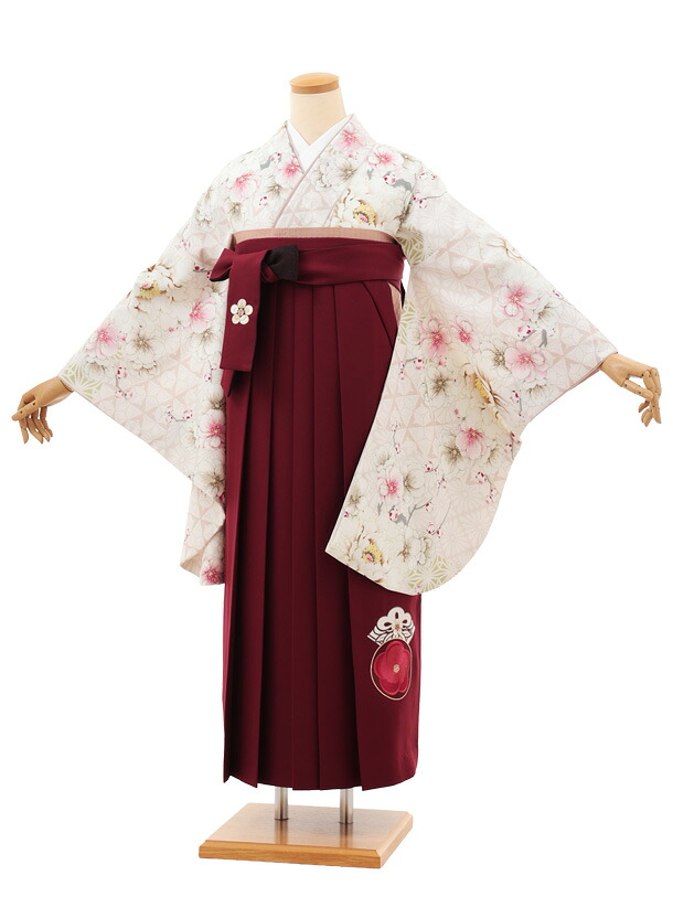 卒業袴レンタル 卒業袴T100 JAPAN STYLE オフ白花×ボルドー 卒業式 袴 レンタル 女性 二尺袖 着物 フルセット 大人 大学生 専門学生 謝恩会 新品足袋プレゼント 往復送料無料【レンタル】