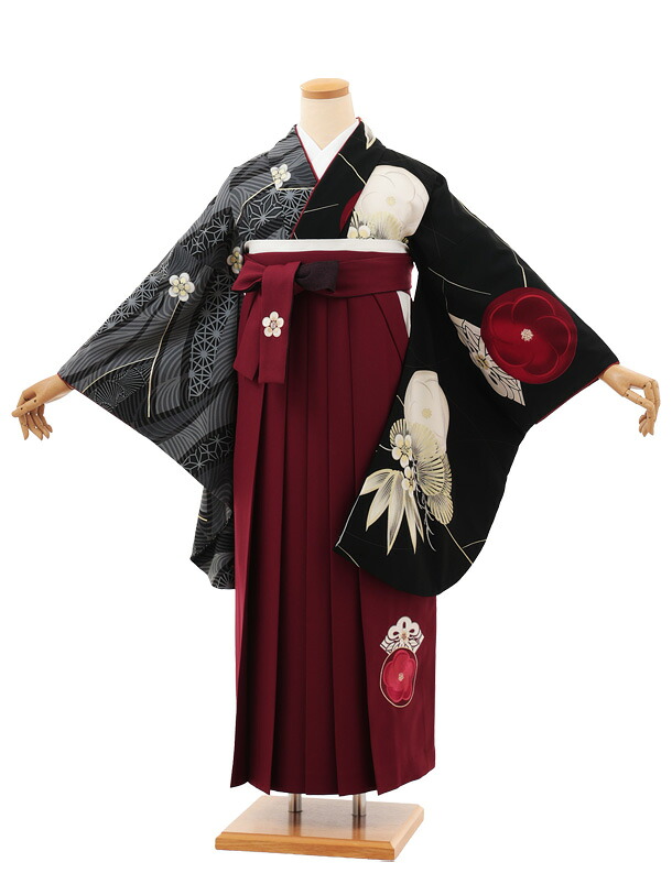 卒業袴レンタル 卒業袴T113 JAPAN STYLE 黒片身替り梅椿×ボルドー 卒業式 袴 レンタル 女性 二尺袖 着物 フルセット 大人 大学生 専門学生 謝恩会 新品足袋プレゼント 往復送料無料【レンタル】