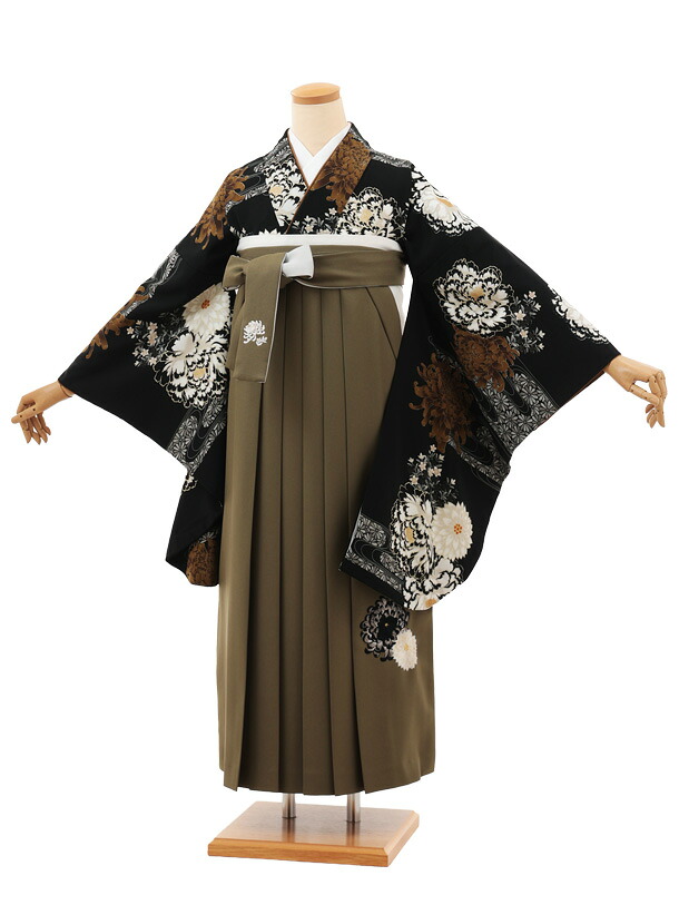 卒業袴レンタル 卒業袴T114 紅一点 黒菊牡丹×モスグリーン 卒業式 袴 レンタル 女性 二尺袖 着物 フルセット 大人 大学生 専門学生 謝恩会 新品足袋プレゼント 往復送料無料【レンタル】