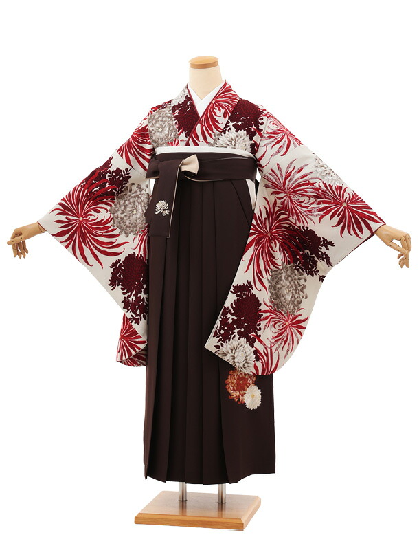 卒業袴レンタル 卒業袴T145 紅一点 アイボリー赤乱菊×ブラウン 卒業式 袴 レンタル 女性 二尺袖 着物 フルセット 大人 大学生 専門学生 謝恩会 新品足袋プレゼント 往復送料無料【レンタル】