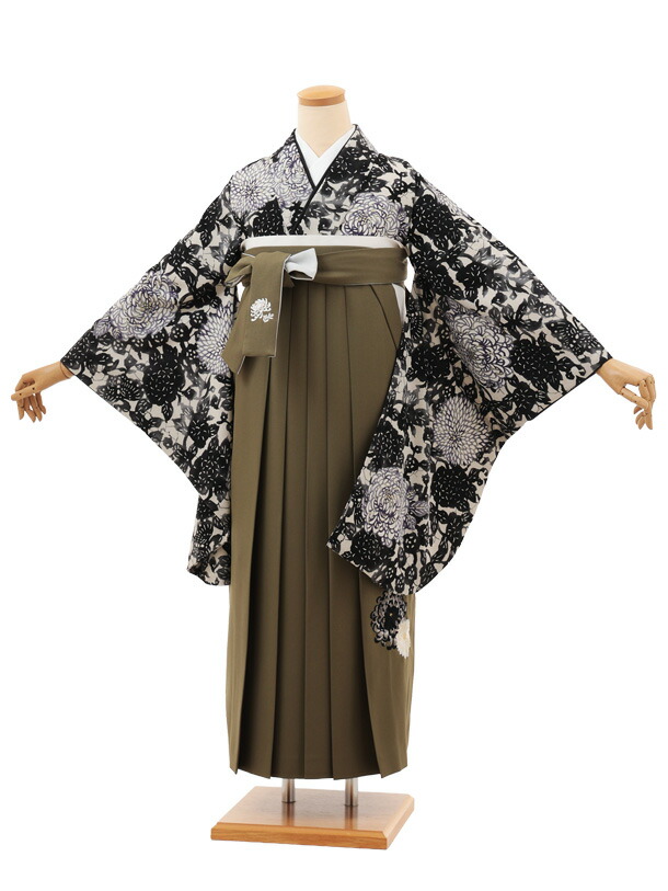 卒業袴レンタル 卒業袴T148 紅一点 ベージュ黒菊尽くし×モスグリーン 卒業式 袴 レンタル 女性 二尺袖 着物 フルセット 大人 大学生 専門学生 謝恩会 新品足袋プレゼント 往復送料無料【レンタル】
