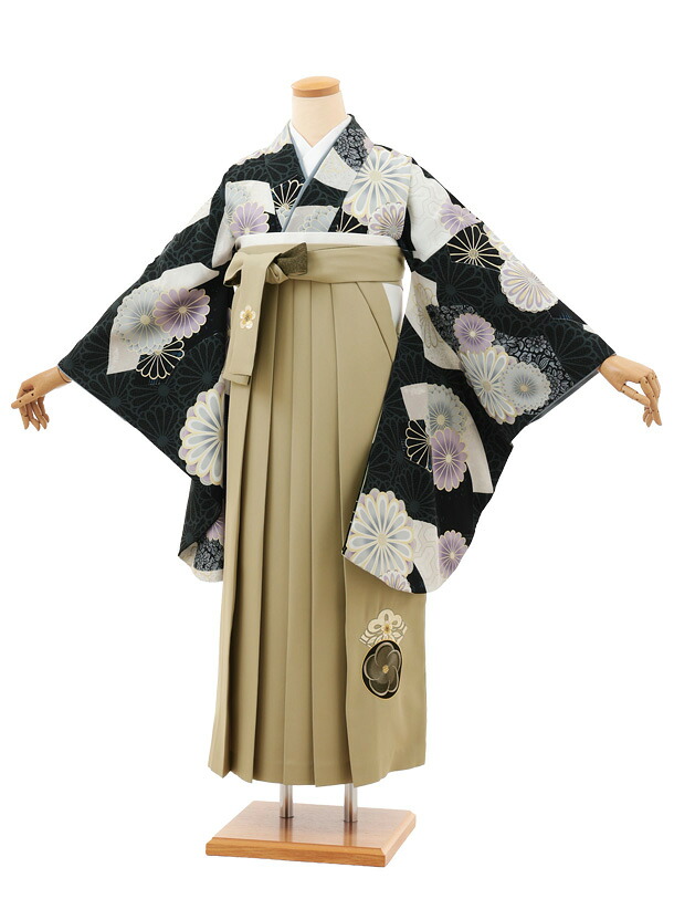 卒業袴レンタル 卒業袴T177 JAPAN STYLE 黒地菊×ベージュ 卒業式 袴 レンタル 女性 二尺袖 着物 フルセット 大人 大学生 専門学生 謝恩会 新品足袋プレゼント 往復送料無料【レンタル】
