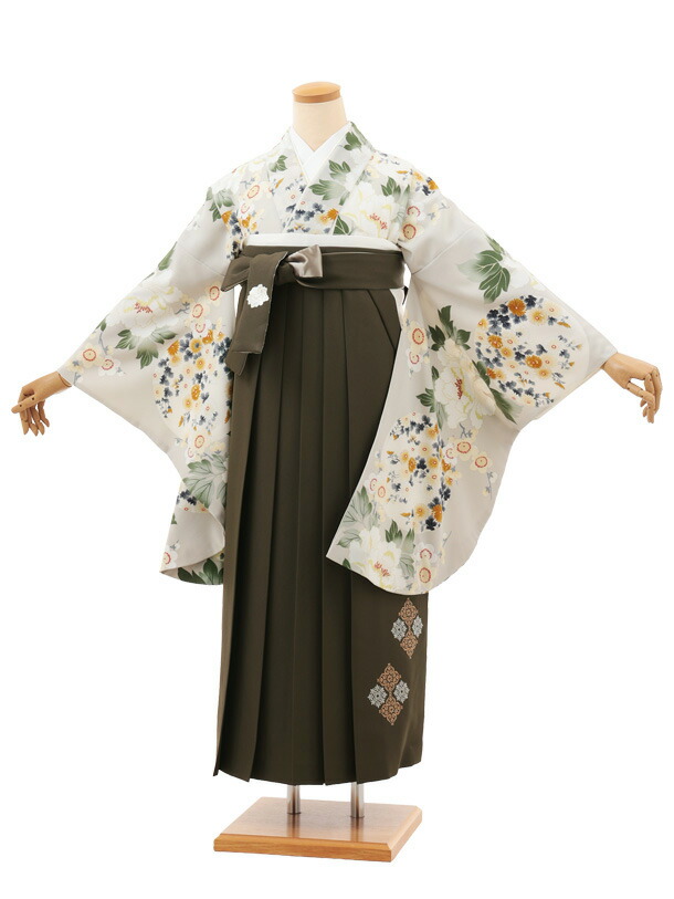 卒業袴レンタル 卒業袴T193 Kansai グリーンベージュ花×カーキグレー 卒業式 袴 レンタル 女性 二尺袖 着物 フルセット 大人 大学生 専門学生 謝恩会 新品足袋プレゼント 往復送料無料【レンタル】