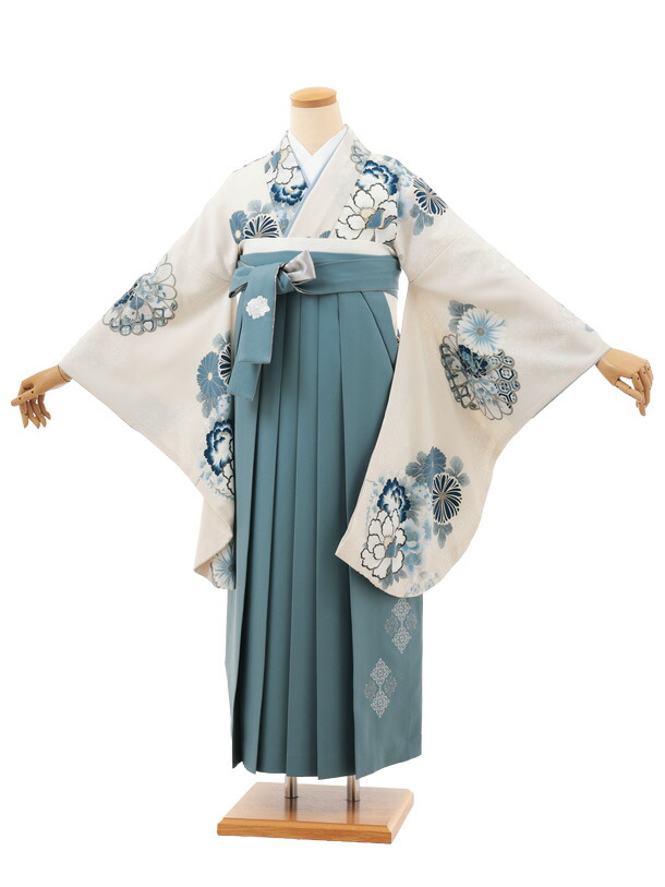 卒業袴レンタル 卒業袴T200 Kansai 白練花×ペールブルー 卒業式 袴 レンタル 女性 二尺袖 着物 フルセット 大人 大学生 専門学生 謝恩会 新品足袋プレゼント 往復送料無料【レンタル】