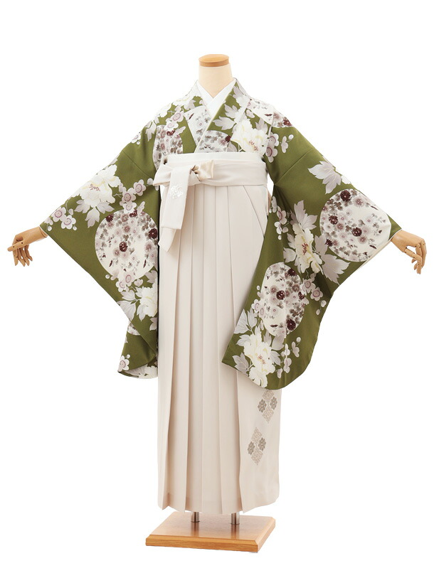 卒業袴レンタル 卒業袴T205 Kansai 抹茶色花×アイボリー 卒業式 袴 レンタル 女性 二尺袖 着物 フルセット 大人 大学生 専門学生 謝恩会 新品足袋プレゼント 往復送料無料【レンタル】