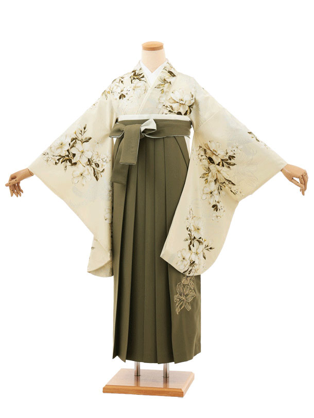 卒業袴レンタル 卒業袴T210 SUGARKEI オーツミルク花×オリーブカーキ 卒業式 袴 レンタル 女性 二尺袖 着物 フルセット 大人 大学生 専門学生 謝恩会 新品足袋プレゼント 往復送料無料【レンタル】