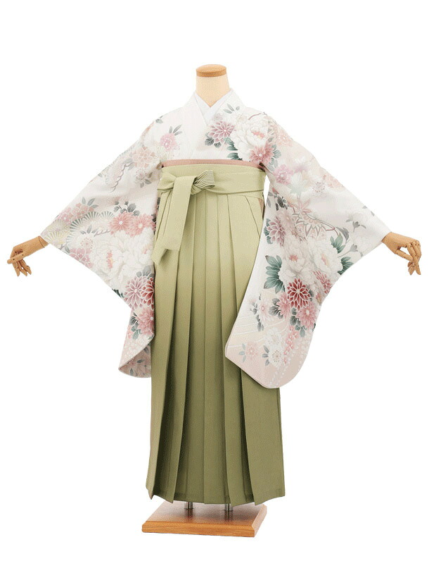 卒業袴レンタル 卒業袴T277白地まりに花×グリーンぼかし 卒業式 袴 女性 二尺袖 着物 フルセット 大人 大学生 専門学生 謝恩会 新品足袋プレゼント 往復送料無料【レンタル】