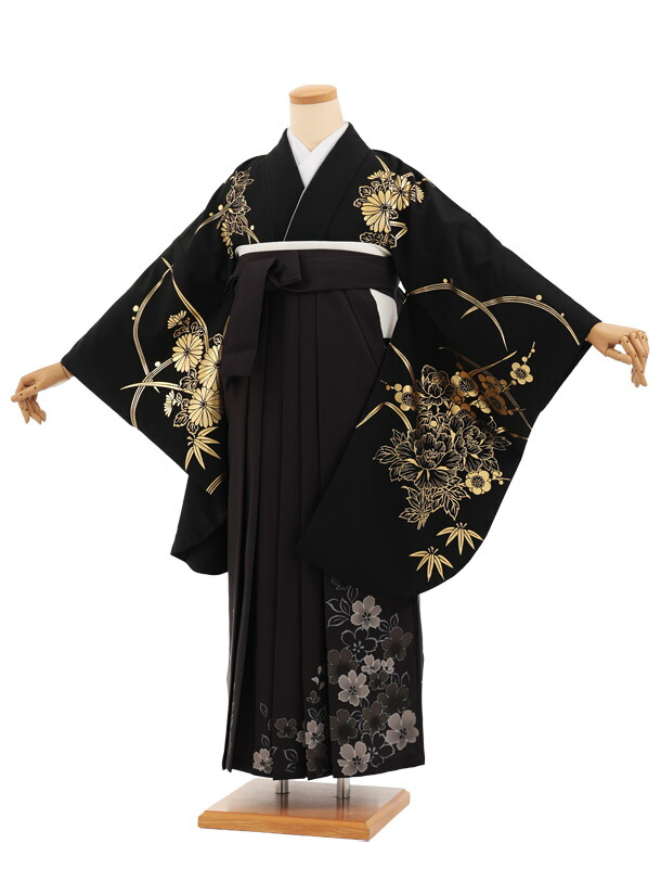 卒業袴レンタル 卒業袴T296黒地金彩ぼたん×黒花 卒業式 袴 女性 二尺袖 着物 フルセット 大人 大学生 専門学生 謝恩会 新品足袋プレゼント 往復送料無料【レンタル】