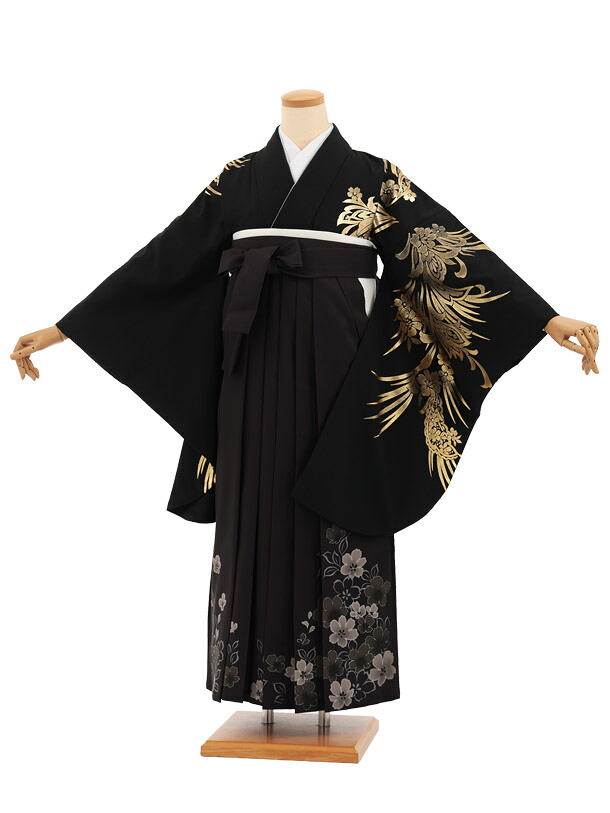 卒業袴レンタル 卒業袴T297黒地金彩花×黒花 卒業式 袴 女性 二尺袖 着物 フルセット 大人 大学生 専門学生 謝恩会 新品足袋プレゼント 往復送料無料【レンタル】