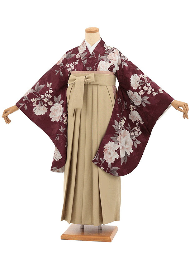 卒業袴レンタル 先生,教員向け袴レンタルT338ボルドー花&times;モカベージュ 卒業式 袴 女性 二尺袖 着物 フルセット 大人 大学生 専門学生 謝恩会 新品足袋プレゼント 往復送料無料【レンタル】｜京都かしいしょう
