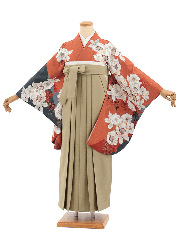 卒業袴レンタル 卒業袴T345テラコッタ花×モカベージュ 卒業式 袴 女性 二尺袖 着物 フルセット 大人 大学生 専門学生 謝恩会 新品足袋プレゼント 往復送料無料【レンタル】