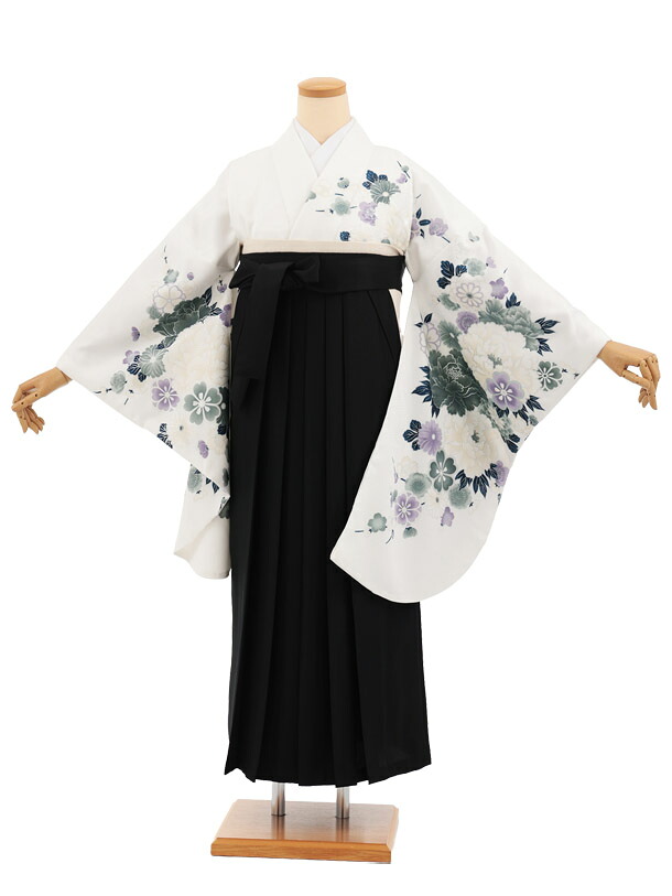 卒業袴レンタル 卒業袴T356 白地 ボタン花×黒 卒業式 袴 女性 二尺袖 着物 フルセット 大人 大学生 専門学生 謝恩会 新品足袋プレゼント 往復送料無料【レンタル】