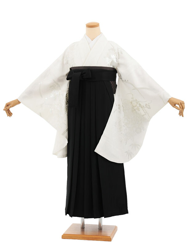 卒業袴レンタル 卒業袴T359 白 銀彩花×黒 卒業式 袴 女性 二尺袖 着物 フルセット 大人 大学生 専門学生 謝恩会 新品足袋プレゼント 往復送料無料【レンタル】