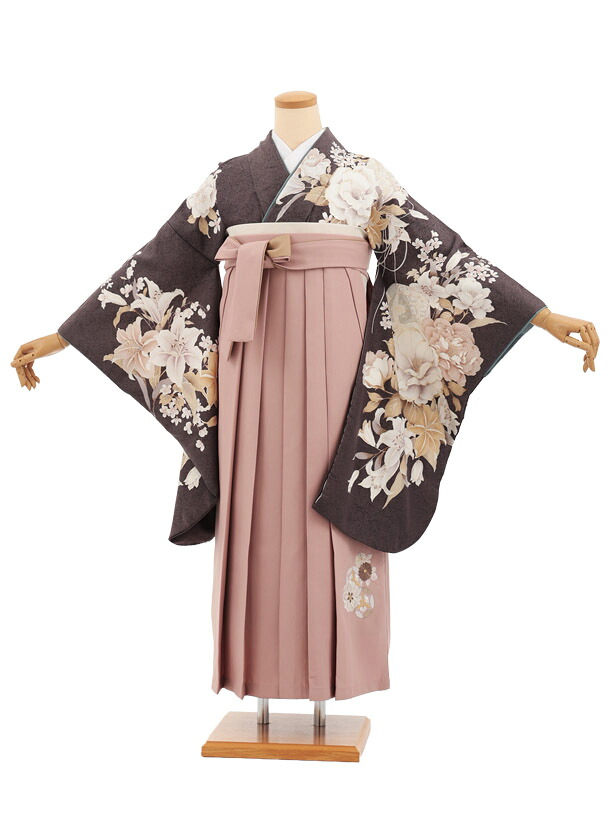 卒業袴レンタル 卒業袴T385 グレーまり花×ピンクベージュ 卒業式 袴 女性 二尺袖 着物 フルセット 大人 大学生 専門学生 謝恩会 新品足袋プレゼント 往復送料無料【レンタル】