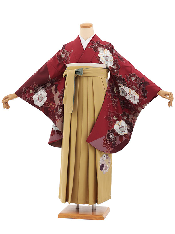 卒業袴レンタル 卒業袴T393 ボルドー花×マスタード 卒業式 袴 女性 二尺袖 着物 フルセット 大人 大学生 専門学生 謝恩会 新品足袋プレゼント 往復送料無料【レンタル】