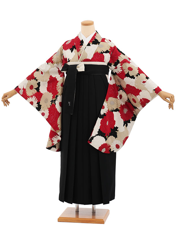 卒業袴レンタル 卒業式袴レンタルT406 ﾓﾀﾞﾝｱﾝﾃﾅ 赤ベージュ花×黒 卒業式 袴 女性 二尺袖 着物 フルセット 大人 大学生 専門学生 謝恩会 新品足袋プレゼント 往復送料無料【レンタル】