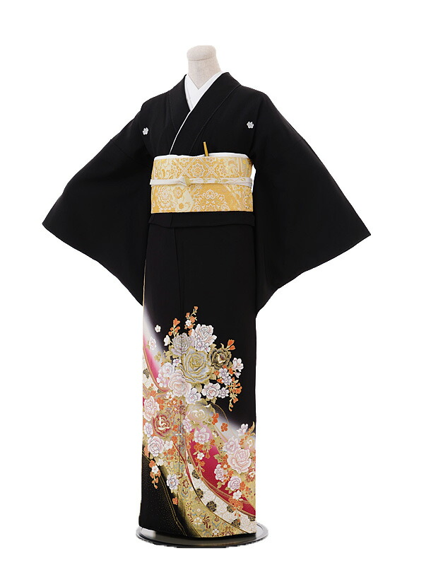 黒留袖　着物　結婚式　第一礼装　花　留袖　正絹　落款　扇　O1 黒留袖 レンタル 50代 留袖 21点セット 着物 鶴 黒系 第一礼装