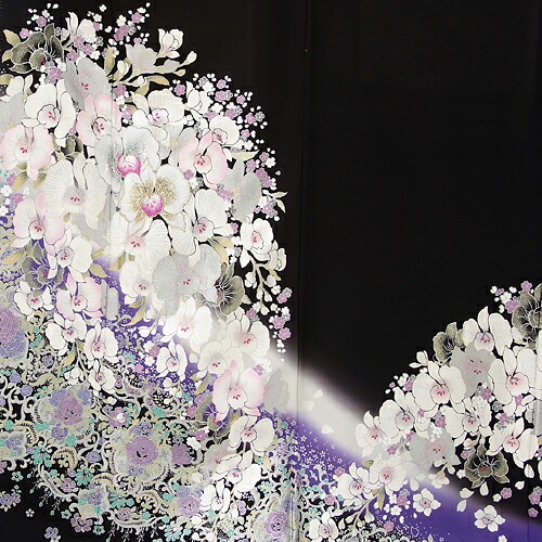 楽天市場 黒留袖 レンタル おすすめ 正絹 4348 流れ胡蝶蘭 女性和服 留袖 留め袖 着物レンタル 結婚式 貸衣装 フルセット 和服 40代 50代 母親 姉 妹 親族 チャペル 人気 往復送料無料 新品足袋プレゼント レンタル 京都かしいしょう