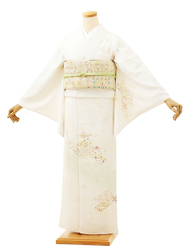 訪問着　フルセット　花唐草　三枡繋ぎ　鹿の子絞り　手刺繍　着物　付け下げ　H5 訪問着 フルセット 花唐草 三枡繋ぎ 鹿の子絞り 手刺繍 着物 付け下げ