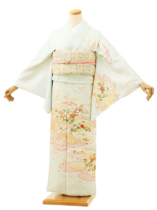 訪問着レンタル t1012 薄ヒワ色 雲取り宝尽し菊 正絹 新品足袋プレゼント 入学式 結婚式 お宮参り 七五三 お茶会 付下げ 訪問着 レンタル 往復送料無料 訪問着 セット rental 貸衣装 【レンタル】