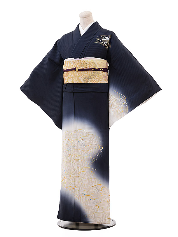 訪問着レンタル t671 紺地 波 正絹 新品足袋プレゼント 入学式 結婚式 お宮参り 七五三 お茶会 付下げ 訪問着 レンタル 往復送料無料 訪問着 セット rental 貸衣装 【レンタル】