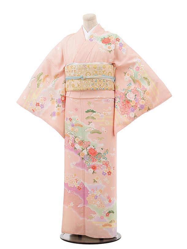 訪問着 レンタル 結婚式 tQ781 うすピンク地 霞に花車(化繊) 新品足袋プレゼント 訪問着 レンタル　入学式 結婚式 お宮参り 衣装 大きいサイズ 付下げ 訪問着 レンタル 訪問着 往復送料無料 訪問着 セット 貸衣装 【レンタル】