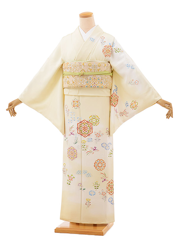 訪問着レンタル 801 竹鼻進 瑞宝 唐華文 うす黄色 正絹 新品足袋プレゼント 入学式 結婚式 お宮参り 七五三 お茶会 付下げ 往復送料無料 貸衣装【レンタル】
