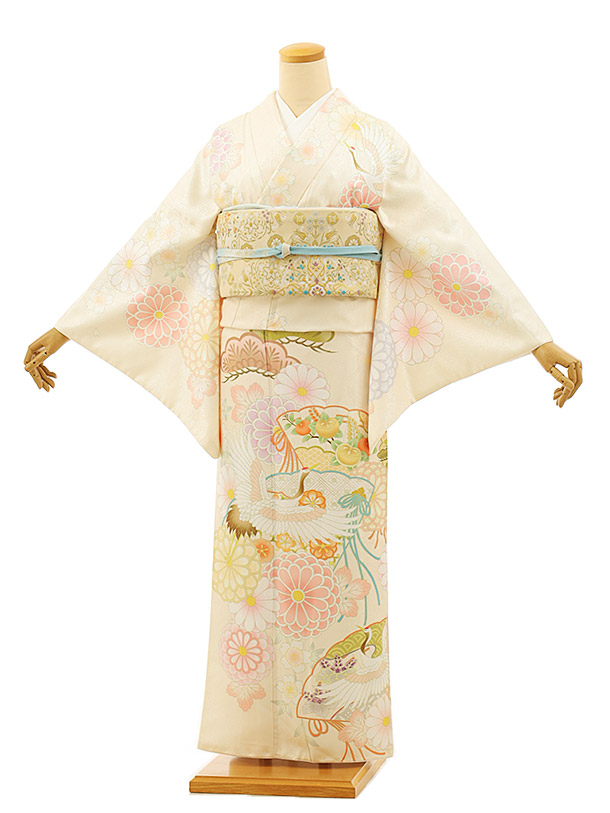 華*様 【1週間限定】　袋帯　素晴らしい逸品　鶴　縁　着物　訪問着 楽天市場】訪問着レンタルtc893 クリーム色 扇に鶴菊(化繊) 新品足袋