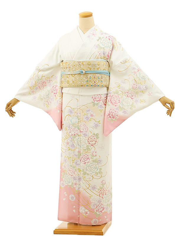 訪問着レンタルtc902 白地裾ピンクバラ(化繊) 新品足袋プレゼント 訪問着 レンタル　入学式 結婚式 お宮参り 衣装 着物 レンタル 付下げ 訪問着 レンタル 訪問着 往復送料無料 訪問着 セット 貸衣装 【レンタル】