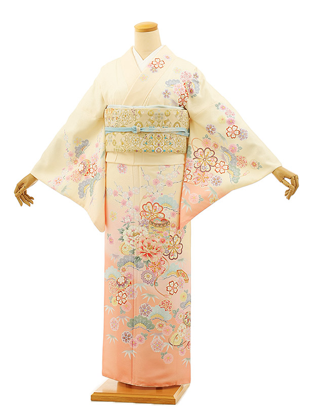 訪問着レンタルtc907 クリーム色ピンクぼかし貝桶牡丹(化繊) 新品足袋プレゼント 訪問着 レンタル　入学式 結婚式 お宮参り 衣装 着物 レンタル 付下げ 訪問着 レンタル 訪問着 往復送料無料 訪問着 セット 貸衣装 【レンタル】