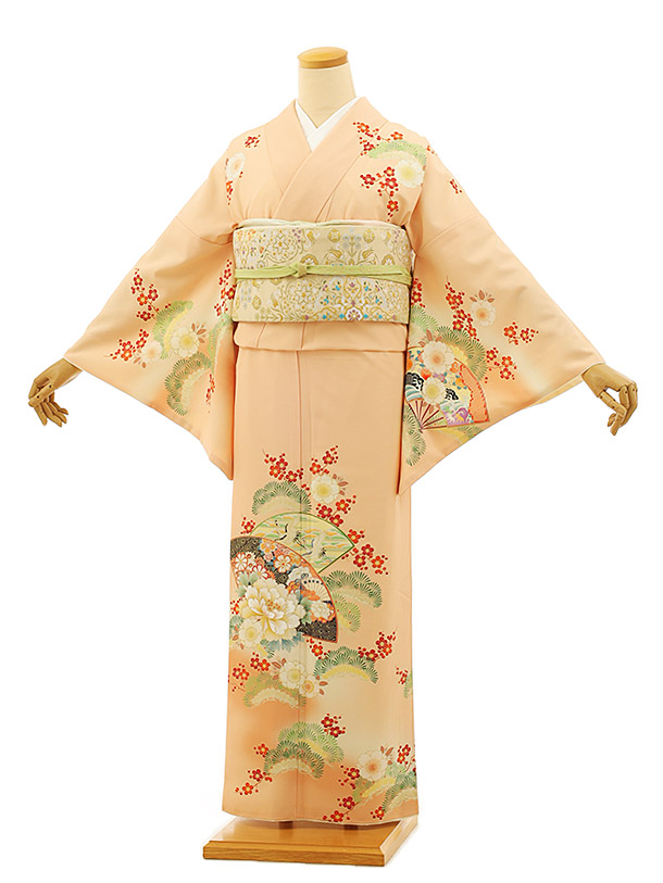 訪問着レンタルtc908 オレンジ色松扇牡丹(化繊) 新品足袋プレゼント 訪問着 レンタル　入学式 結婚式 お宮参り 衣装 着物 レンタル 付下げ 訪問着 レンタル 訪問着 往復送料無料 訪問着 セット 貸衣装 【レンタル】