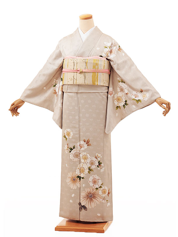 訪問着レンタル t1073 ベージュ地 桜に菊 正絹 新品足袋プレゼント 入学式 結婚式 お宮参り 七五三 お茶会 付下げ 往復送料無料 貸衣装【レンタル】